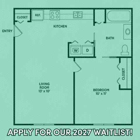 Floor plan for 1 bed, 1 bath, 605 sqft